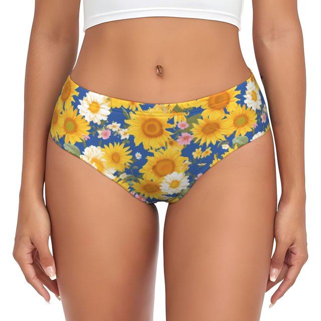 Fotbe Vintage White Yellow Sunflower Calzones Estampados para Mujer – Ropa Interior de Algodón, Cómoda, Suave y Elástica-Medium