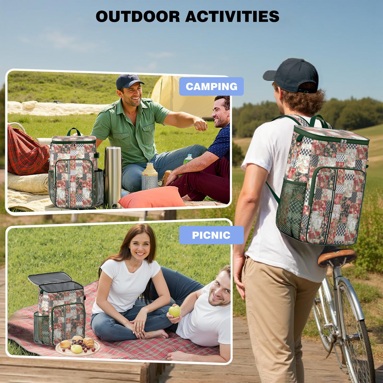 Travel Cooler Bag - Pioneer Flower Camping Beer Cooler Backpack with Bottle Opener- Waterproof Insulated Picnic Backpacks - Cooler Bag for Beach