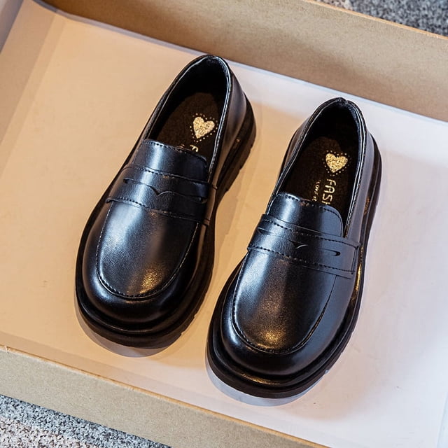 Zapatos de cuero para niños, primavera y otoño, zapatos negros retro para niños, zapatos de guisante con suela suave para mujeres para niños