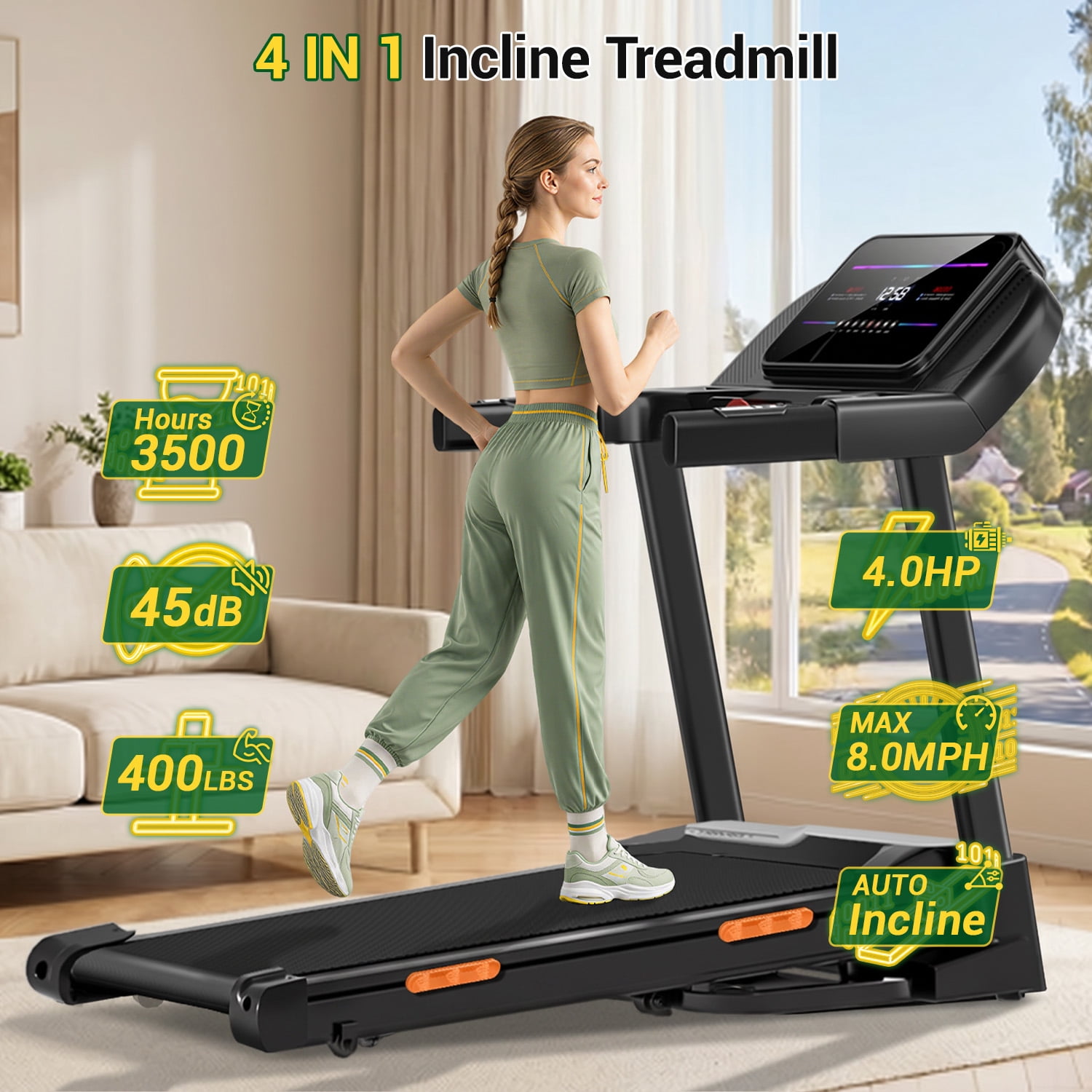 CURSOR FITNESS 19% Auto Incline Folding Treadmill, 4.0HP Quiet Brushless Motor, 400 lbs Capacity, 8.0 MPH for Home