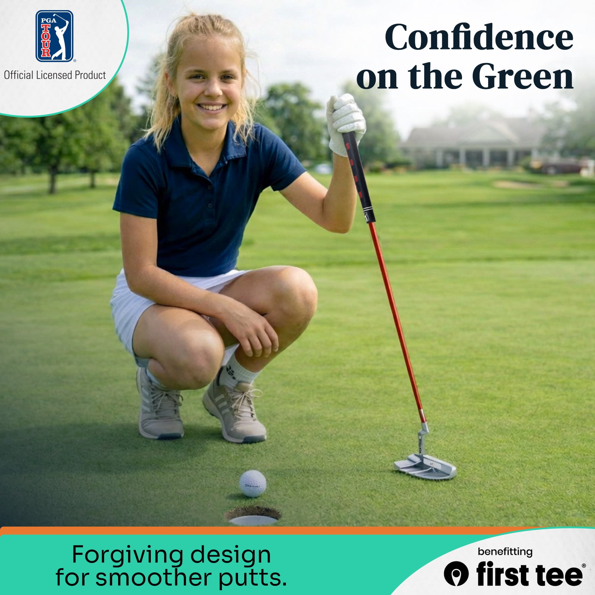 PGA TOUR x First Tee Junior Golf Club Set with Stand Bag, 7-Piece, Right-Handed, Kids Heights 4'8" to 5'3", Red
