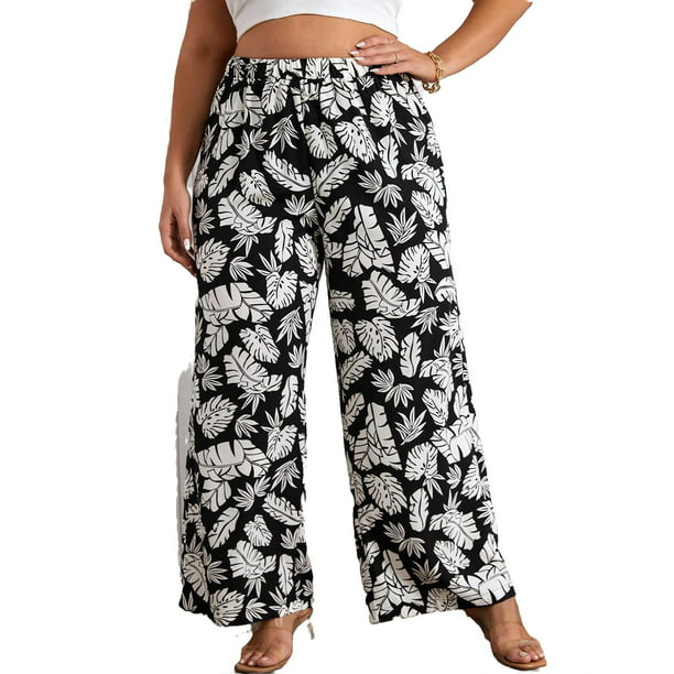 Black and White Boho All Over Print Wide Leg Plus Size Pants (Women's ...