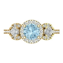 1.46 ct Round Cut Natural Aquamarine 3 Stone 18K Yellow Gold Womens Engagement Ring