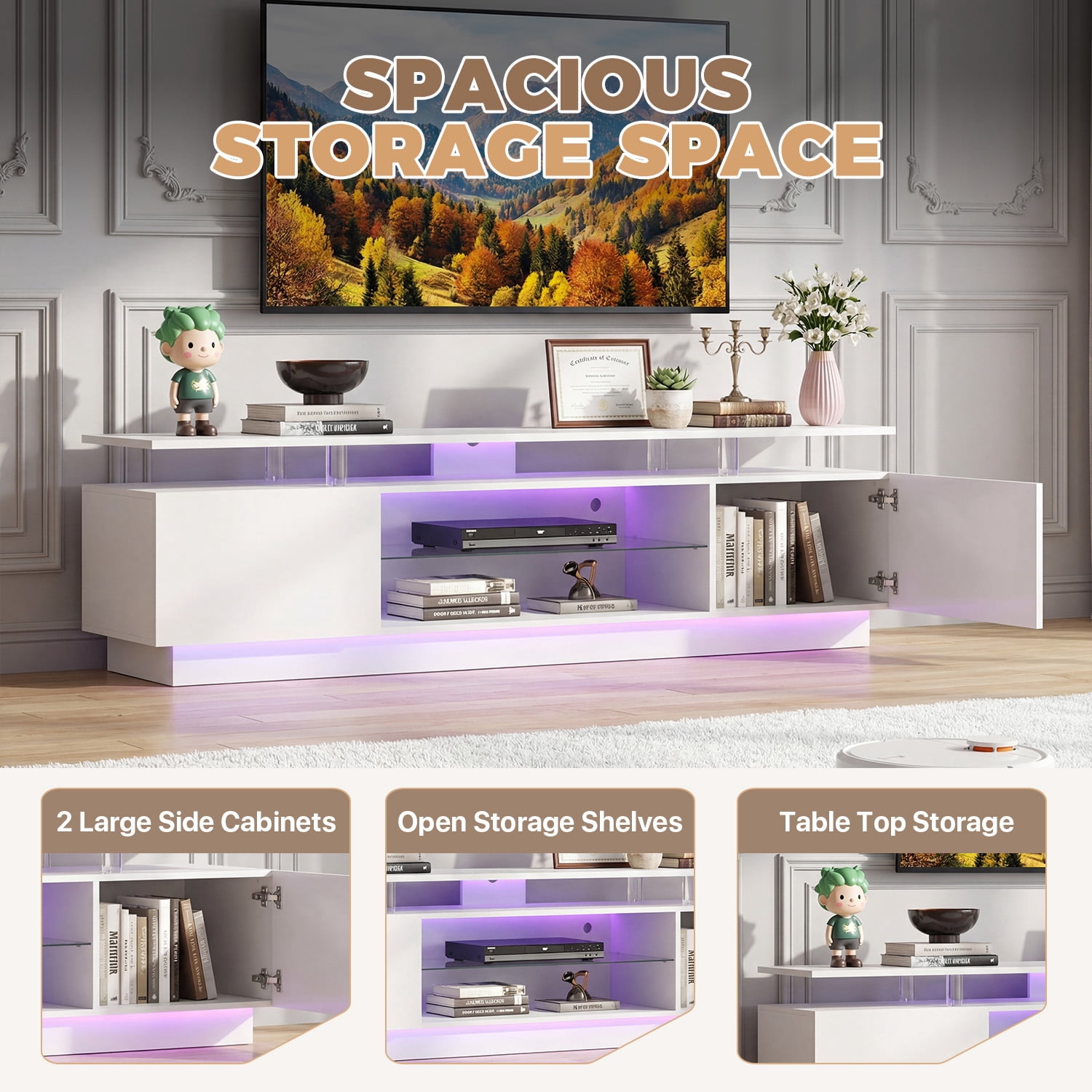 BaPiPro 80" LED Modern TV Stand for TVs up to 90", Entertainment Center TV Console with Music Sync LED for Living Room, White