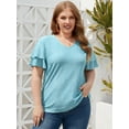 thumbnail image 2 of FlorCurve Plus Size Blouses for Women Short Double Ruffle Sleeve V-Neck Tunic Tops Eyelet Casual Shirts, Blue 2XL, 2 of 8