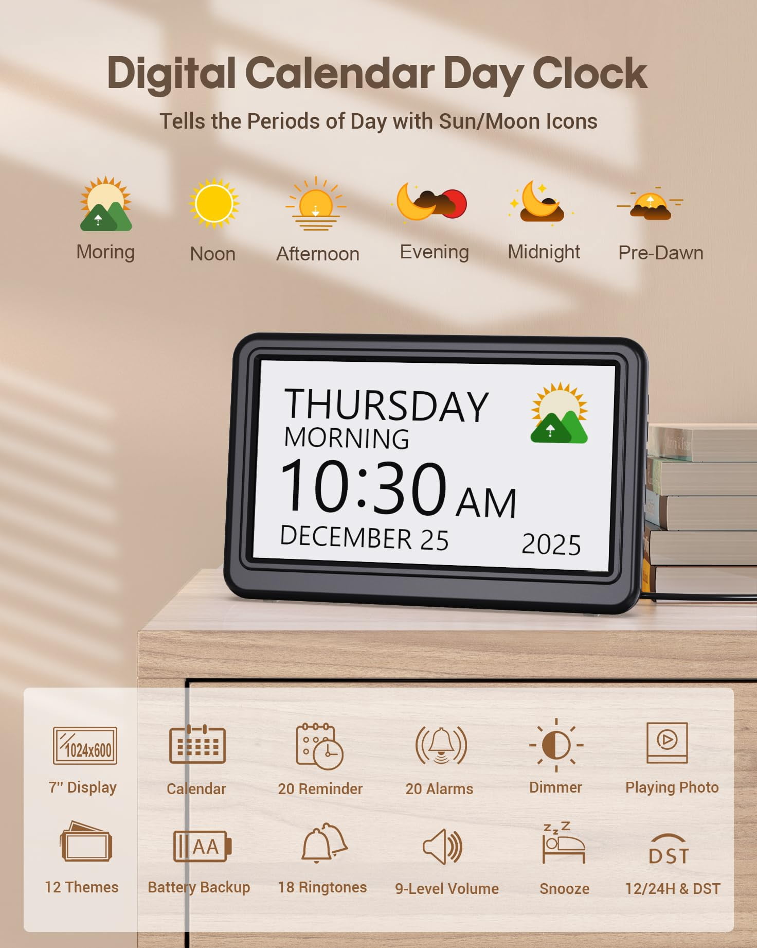 Clock With Day And Date For  7" Large Display Digital Calendar 20 Custom Alarms Reminders Dimmable Dementia Alzheimers Clocks Seniors Black (ac Powered)
