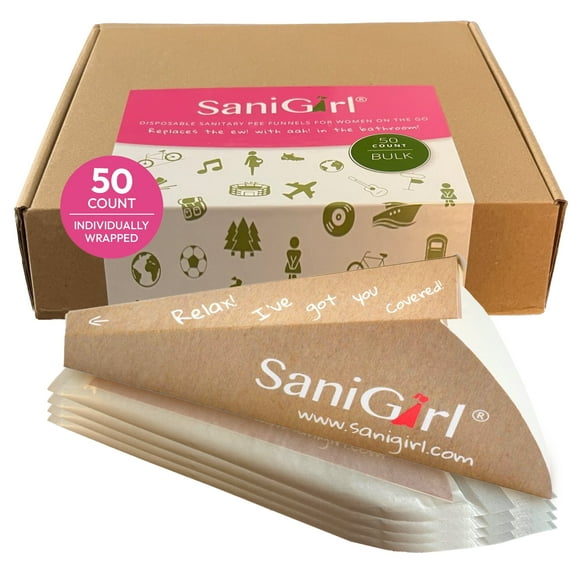 SaniGirl Female Urinals -  50 Count Individually Wrapped Pee Funnels - Portable Urination Device - Disposable Pee Funnel for Women