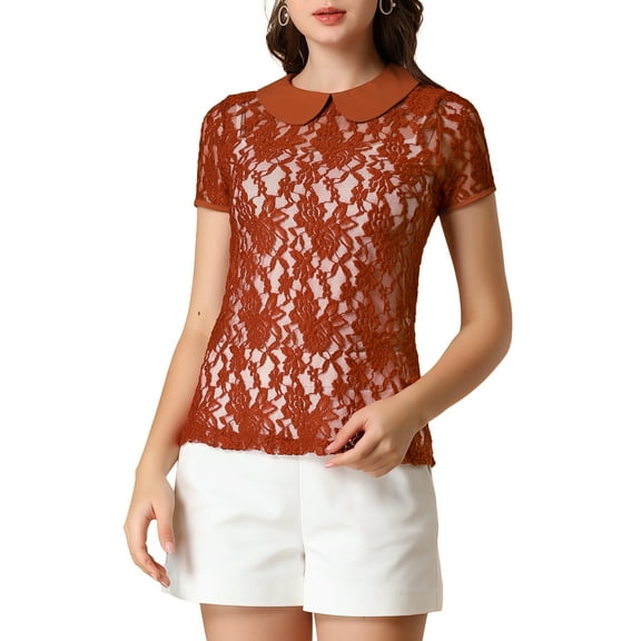 MODA NOVA Junior's Contrast Doll Collar Short Sleeve Tops Sheer Lace Top Red S