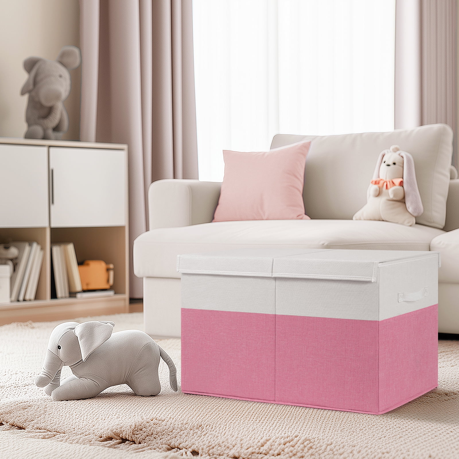 Large Toy Storage Box with Lids, Collapsible Sturdy Baby Storage Organizer Chest Bin Basket for Kids, Boys, Girls, Playroom, Nursery, Bedroom, Closet 25"x13"x16" (Pink & White）
