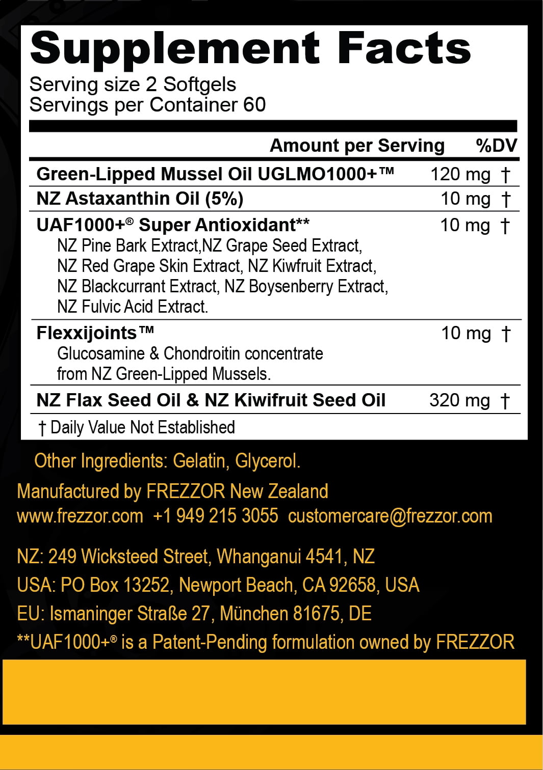 FREZZOR Omega-3 Black – Green-Lipped Mussel Oil, Joint & Heart Health, 120 Softgels, 1bottle
