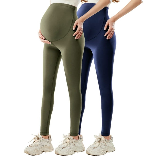 Amzcrzy 2PC Leggings premamá color liso por encima de la barriga clásicos largo completo cómodos suaves yoga ejercicio informal S-XL Verde
