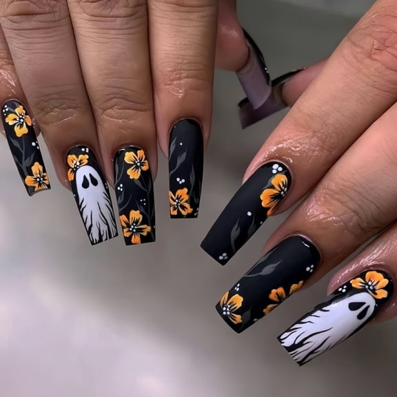 Matte Black Yellow Floral Extra Long Halloween Press On Nails 24Pcs, Ghost White Spooky Fake Nails Set, Reusable False Nails for Gothic Party Fall Daily Wear Women Girls