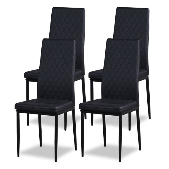 Modern Leather Dining Chair with Diamond Grid,Upholstered Dining Room Kitchen Chairs with Metal Legs Set of 4（Black）