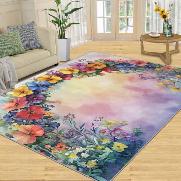 Watercolor Floral Area Rugs, Green Spring Botanical Carpet, Washable Non Slip Low Pile Soft Rug for Living Room Bedroom Dining Room Home Office Decor Mat 2x3ft
