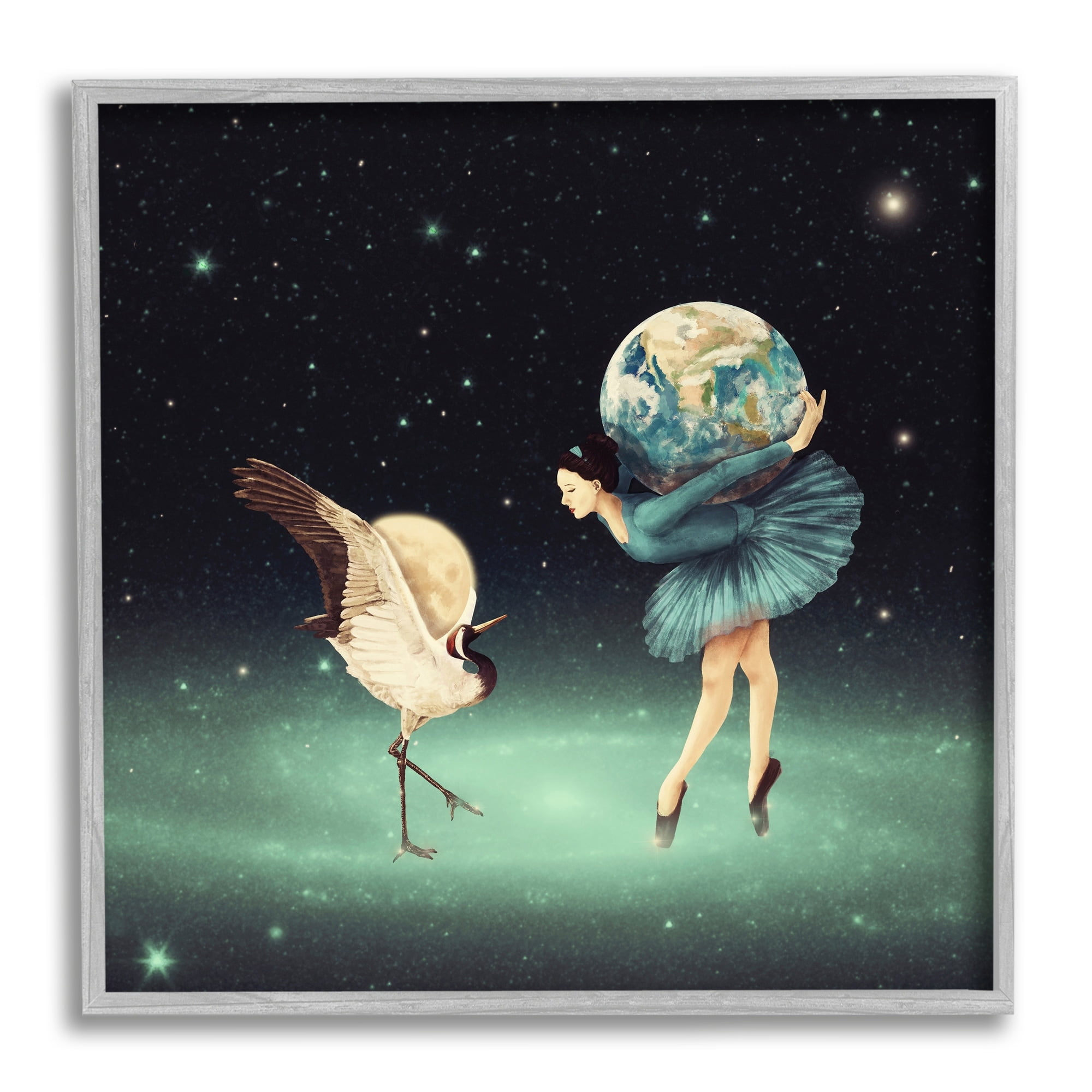 Stupell Industries Crane Bird Ballerina Holding Earth Moon Starry Nebula Framed Wall Art, 24 x 24, Design by Paula Belle Flores