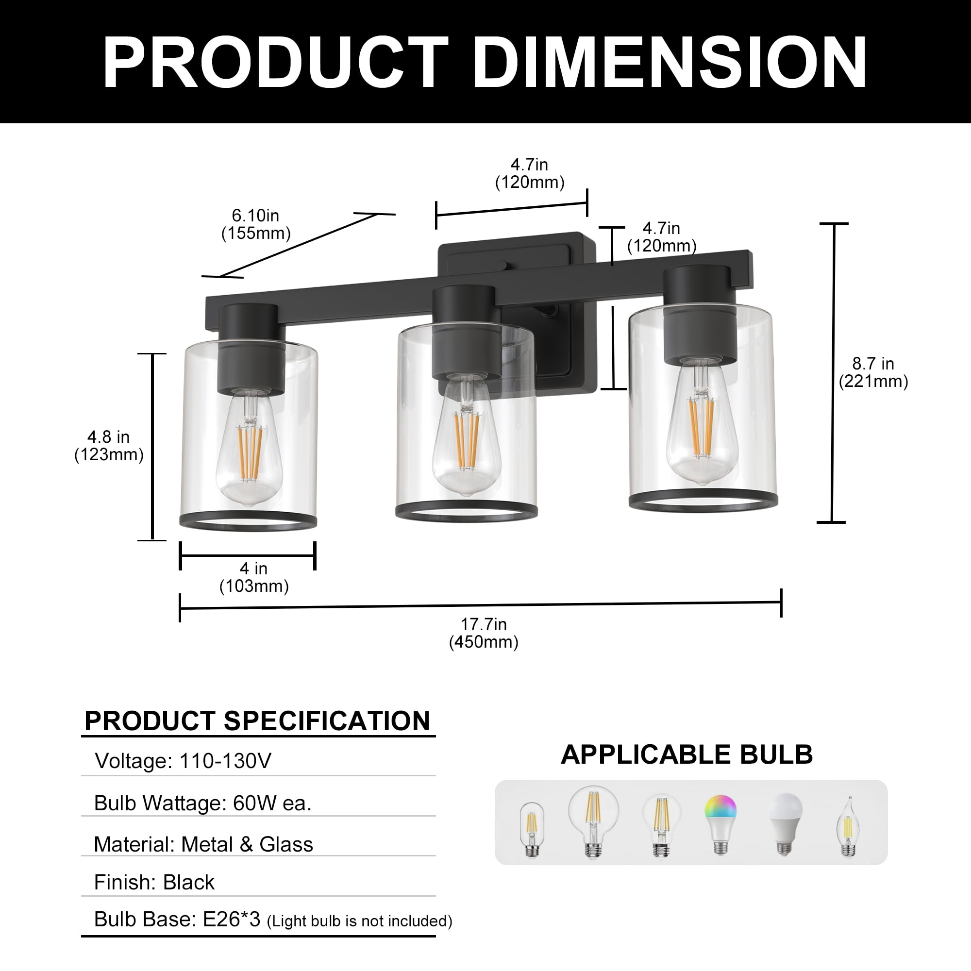 YANSUN 17.7in 3-Light Industrial Vanity Light with Clear Glass Shades, Black Bathroom Wall Sconce for Mirror, Bedroom & Living Room