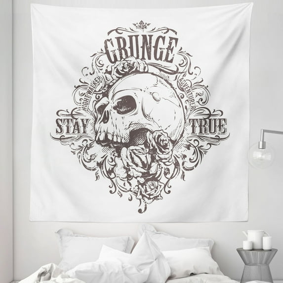 Abstract Art Tapestry, Skull and Rose Art Vintage Floral Pattern Monochrome Tattoo Style Retro Theme Print, Fabric Wall Hanging Decor for Bedroom Living Room Dorm, 5 Sizes, Black White, by Ambesonne