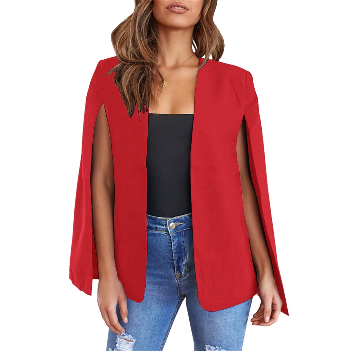 Dellytop Womens Casual Cape Open Front Split Sleeve Blazer Jacket, Women's, Size: Small, Red