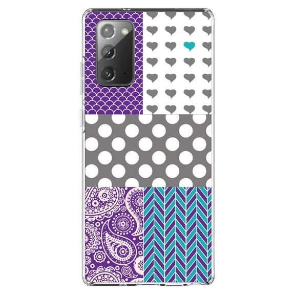 DistinctInk Clear Shockproof Hybrid Case for Samsung Galaxy Note 20 (6.7" Screen) - TPU Bumper, Acrylic Back, Tempered Glass Screen Protector - Purple Teal Grey Patterns