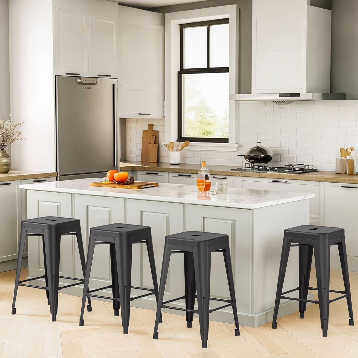 VOLIX 24inches Black Stackable Metal Bar Stool Backless Indoor-Outdoor Counter Stools Set of 4