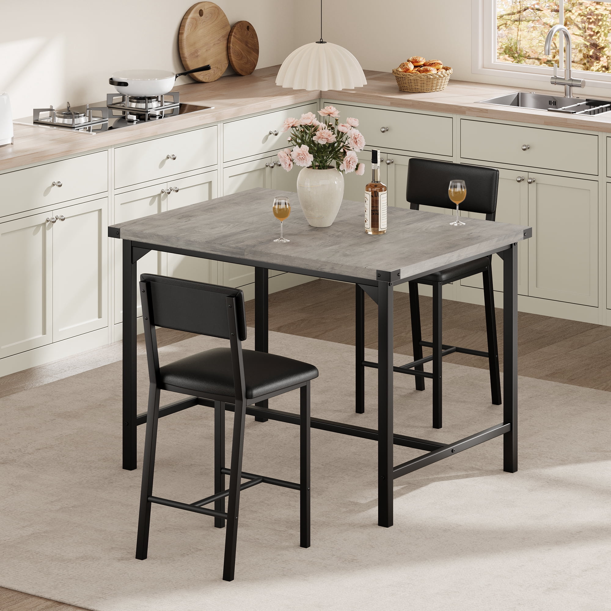 Space-Saving 3-Piece Counter Height Dining Table Set for 2 – Padded Stools with Backrest & Footrest, Metal Frame, Corner Protectors – Kitchen Table and Chairs for Small Dining Room or Apartment