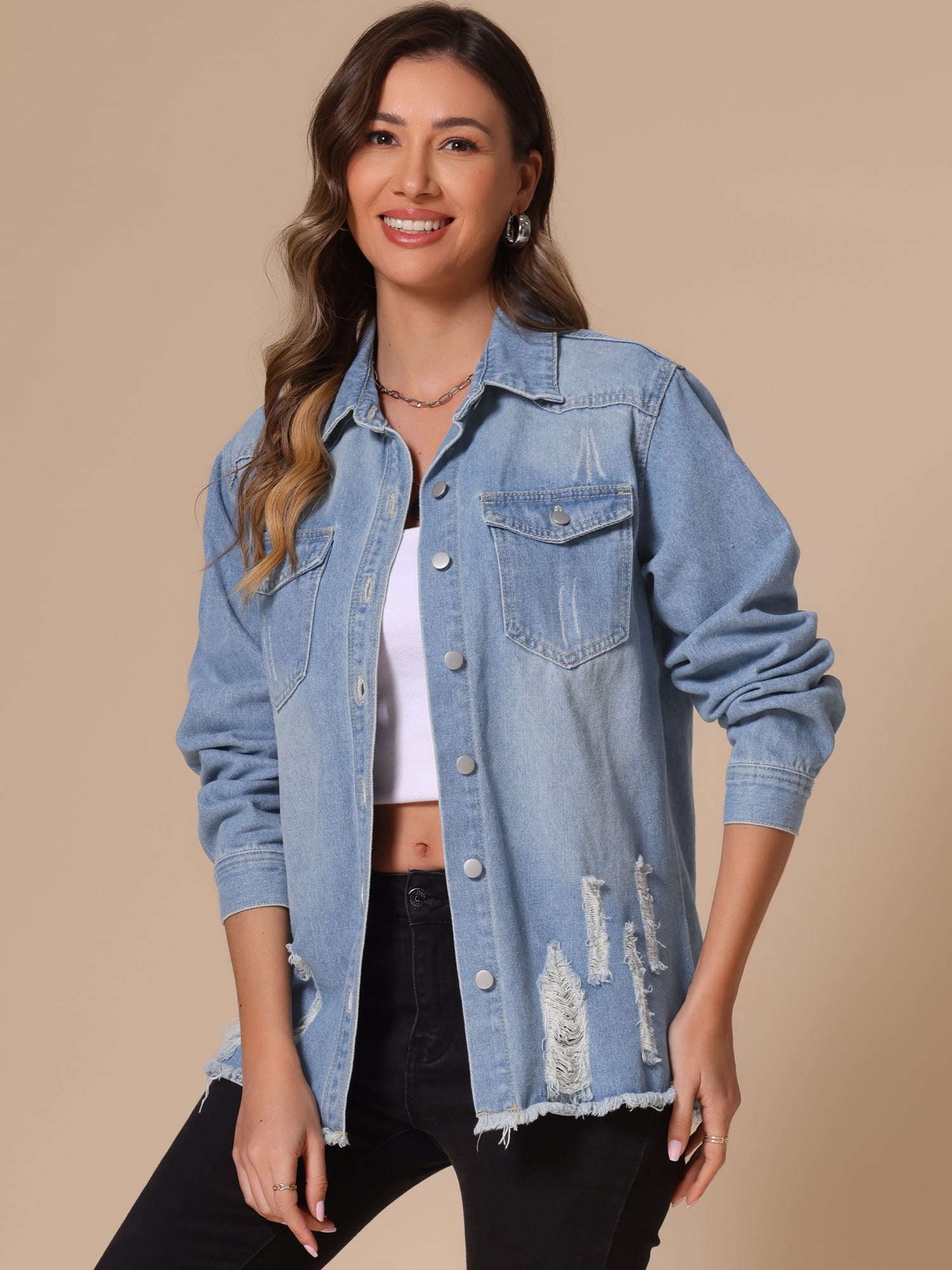DARING DIVA Women's Frayed Hem Ripped Distressed Denim Jacket XS Light Blue