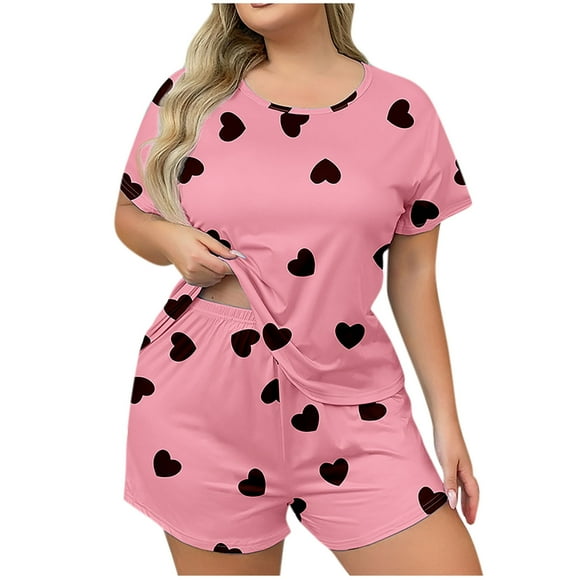 Plus Size Heart Pajamas Shorts Set Womens Short Sleeve T-Shirt 2 Piece Cute Sleepwear Pjs Sets Lounge Wear Pink, 2XL