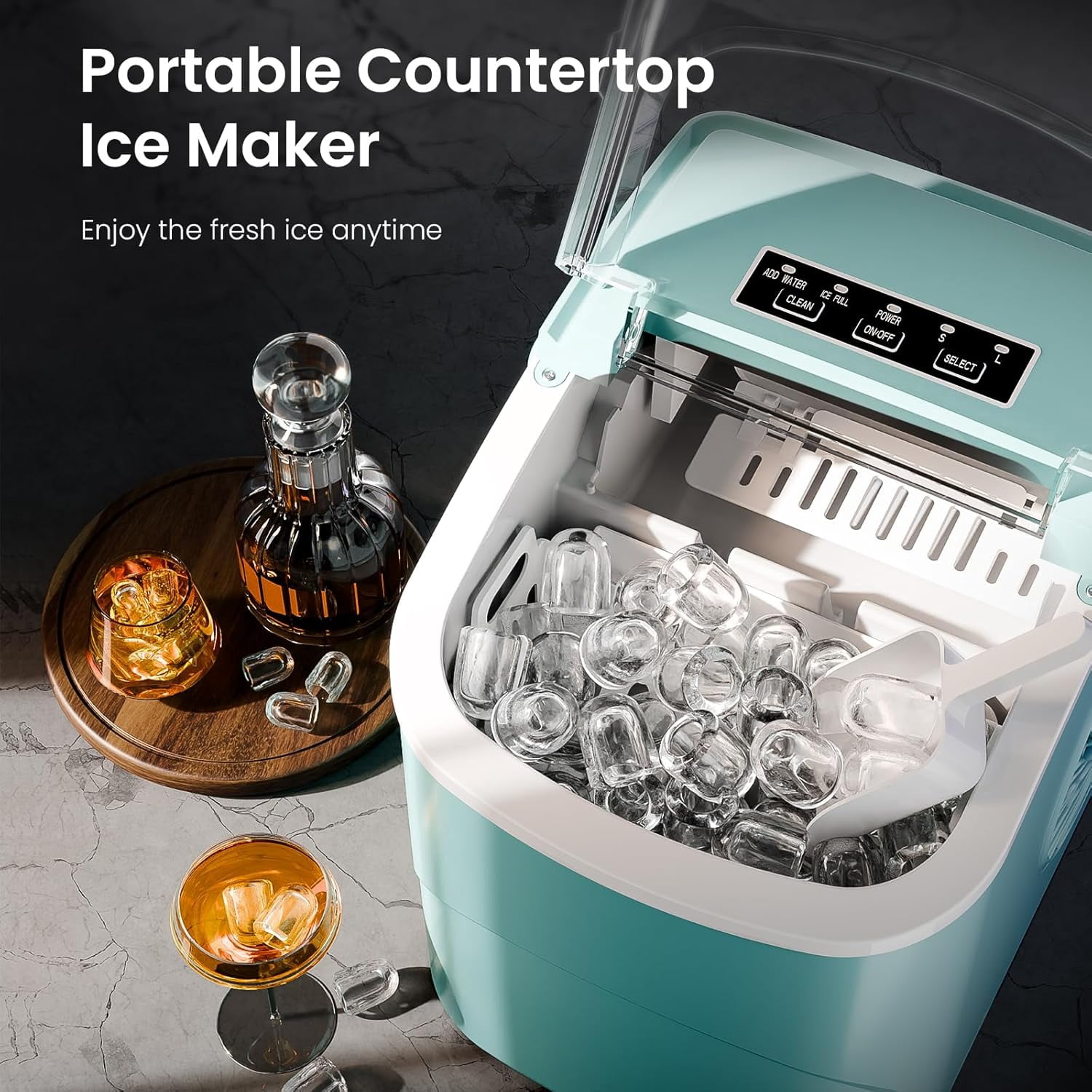 Havato Countertop Ice Maker, 9 Bullet Ice Cubes in 6 Mins, 26lbs/24H, w/ Scoop & Basket, Light Green