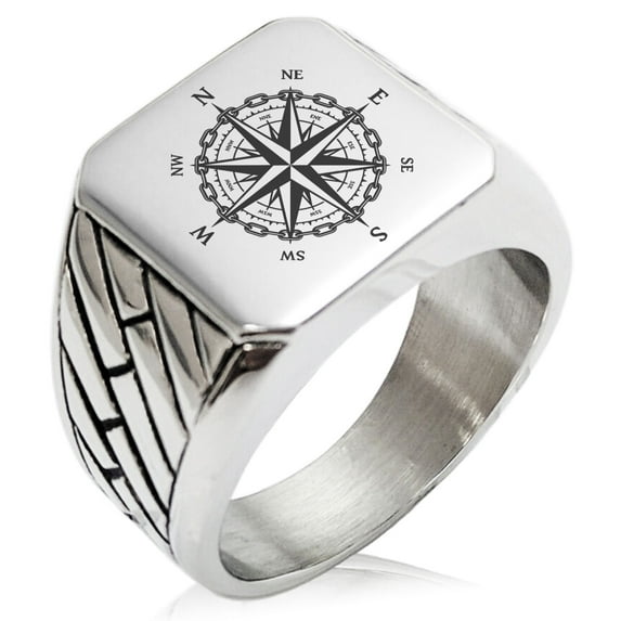 Stainless Steel Nautical Chaim Compass Geometric Pattern Biker Style Polished Ring