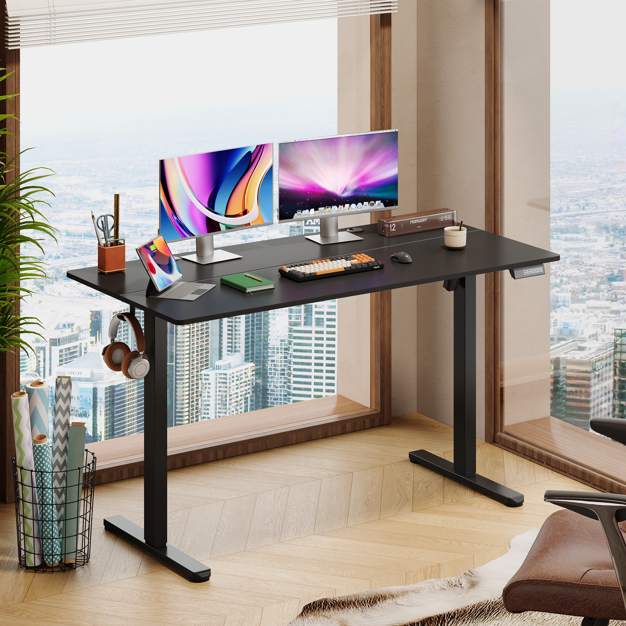 GALAXHERO 55 x 28 Inches Electric Standing Desk - Height Adjustable Stand Up Desk for Home Office, Ergonomic Sit to Stand Workstation with Phone Holder, Black