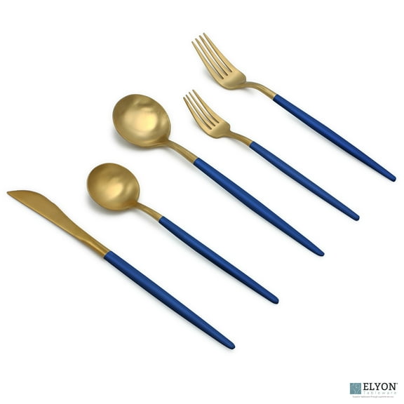 Elyon Tableware® 20-Piece Matte Gold Blue Flatware Set, Stainless Steel, Blue Thin Handles, Service For 4