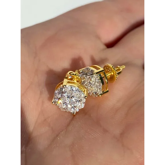 2TCW Round Cut Lab Created Diamond Cluster Men's Stud Earrings in 14k Yellow Gold Plated