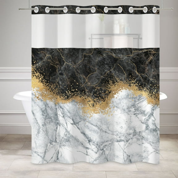 Mizhona Black and White Marble Hookless Shower Curtain with Snap in Liner,No Hooks Shower Curtain,71"× 74"