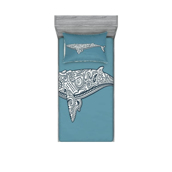 Ambesonne Nautical Fitted Sheet & Pillow Sham Set, Embellish Whale, Twinxl, Slate Blue and White