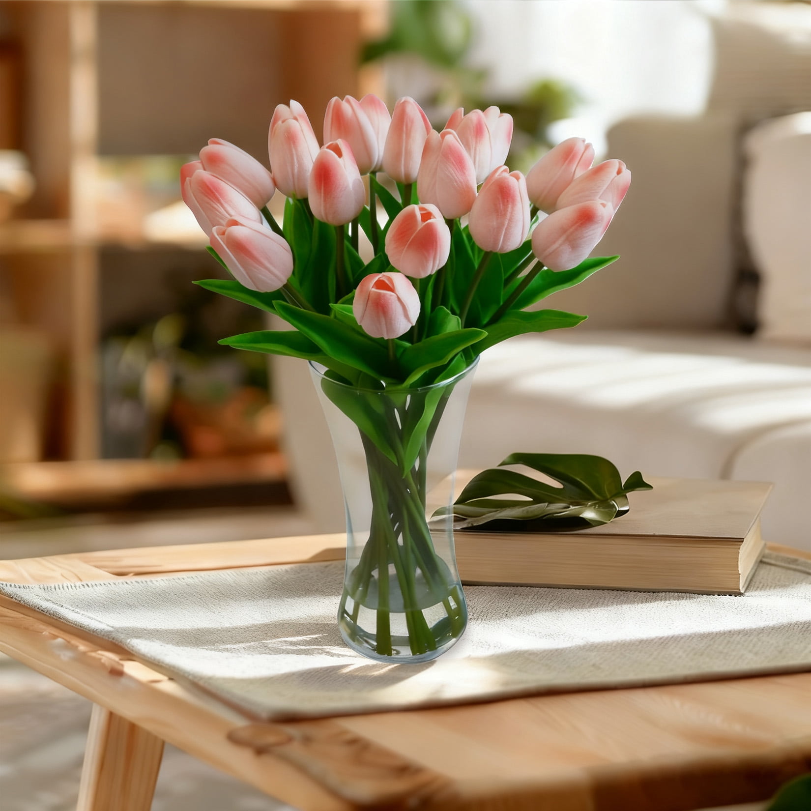 20 Pcs Artificial Real Touch Tulips Flowers in Glass Vase with Faux Water, Tulips Fake Arrangements Orange Tulip with Vase for Dining Table Home Decor Wedding Centerpieces