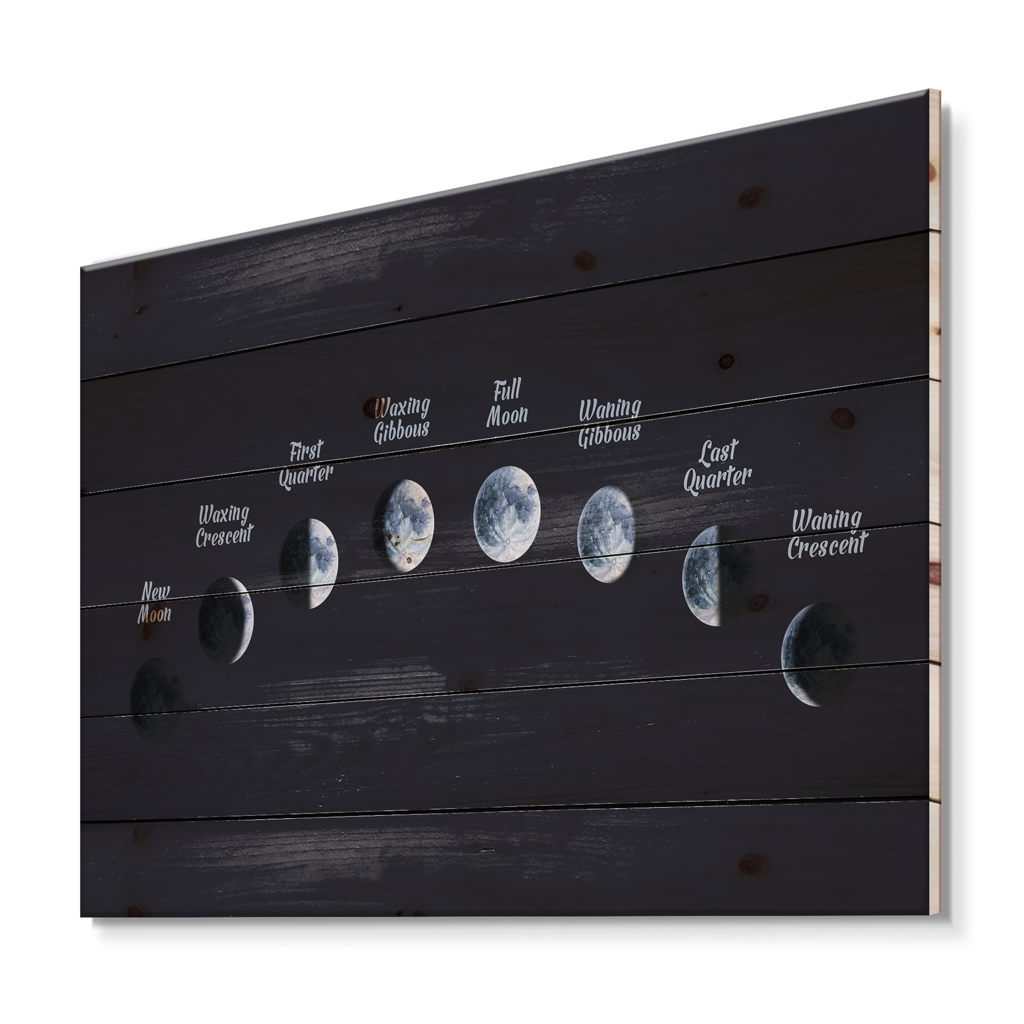 Designart 'Different Moon Phases In Space' Bohemian & Eclectic Print on Natural Pine Wood