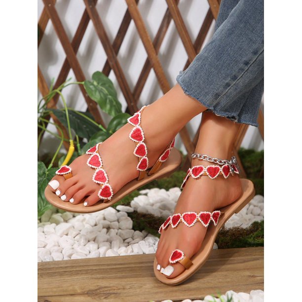 Sweetheart Red Flat Sandals With Heart Shape And Floral Detailing, Ankle Buckle
