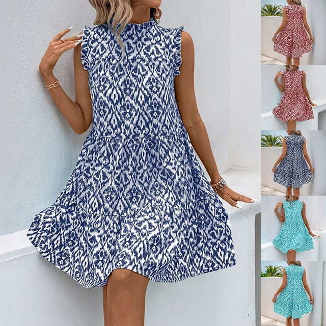 WRKEKC Robes d'Été Décontractées pour Femmes, Robes d'Été Grande Taille, Robe Sans Manches Imprimée à Col en Dentelle pour Femmes, Robe Sans Manches à Col Rond Longueur Genou