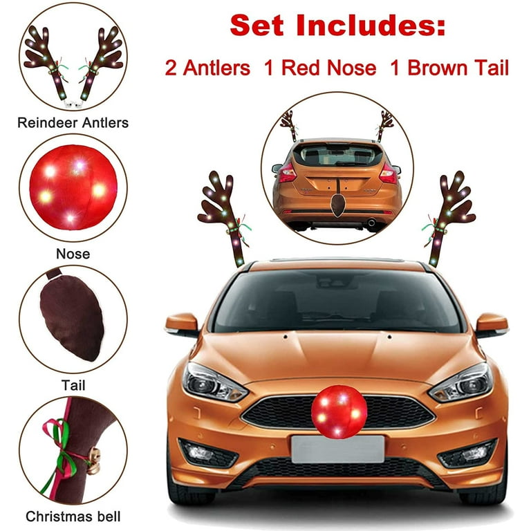 Car Reindeer Antler Decorations,Vehicle Xmas Decorations Auto Decoration  Reindeer Kit with Jingle Bells Rudolph Reindeer Red Nose and Tail for Car  Accessories Christmas Antlers 