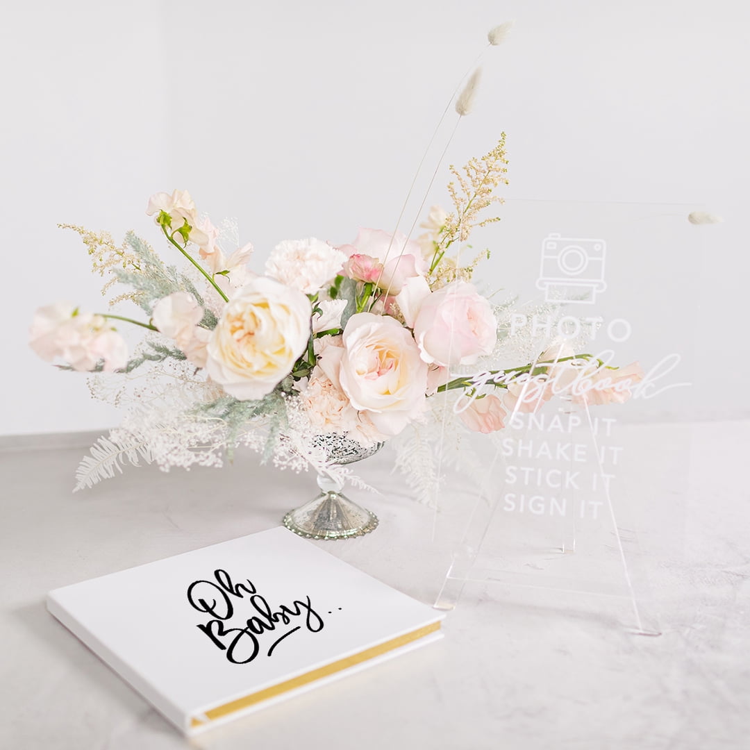 Koyal Wholesale Baby Shower Guest Book with Gold Accents, Oh Baby Design, White Guest Sign In Registry 8.5 X 8.5