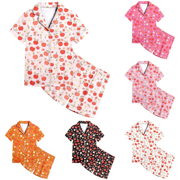 REDARER Girls Lapel Button Satin Pajama Set Short Sleeve Shorts Apple Floral Fruit Print Soft Lightweight Summer Sleep Loungewear For Toddler Kids,6-7 Years