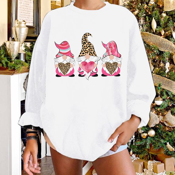 EQWLJWE Women Crewneck Long Sleeve Oversized Gnomes Graphic Fall Sweatshirts Plaid Leopard Love Heart Printed Tops