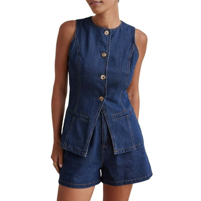 Conjunto de 2 Piezas de Mezclilla para Mujer, Informal, de Negocios, Sin Mangas, Blazer, Chaleco, Top y Pantalones Cortos, Conjunto de Chándal Azul Oscuro XL