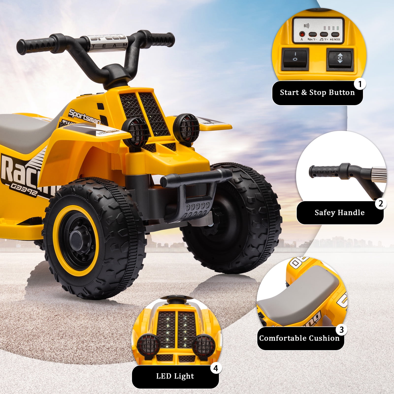 Telyswee 6V Kids Ride On Car, 4-Wheeler Quad ATV Play Car for Kids, 1.76MPH Max Speed, Ride On Toy for Boys & Girls Gift, Rubber Handles, Push-Button Accelerator