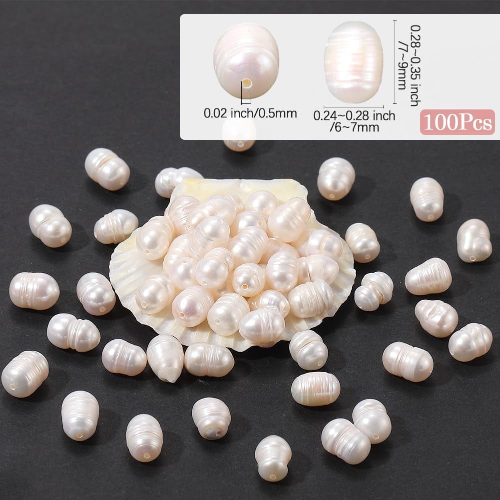 1 Box 100PCS Beige Baroque Natural Rice Shaped Pearls Beads with Holes Irregular Cultured Freshwater Summer Oval Loose Pearl Bead Bulk for DIY handcrafting