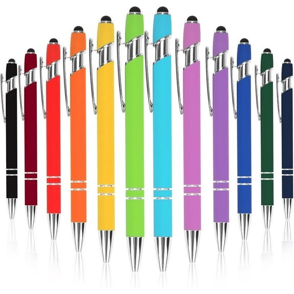 12Pcs Ballpoint Pens, 1.0mm Black Ink Soft Touch Click Metal Pen with Stylus Tip for Touch Screens, 2-in-1 Ballpoint Pen with Stylus Tip
