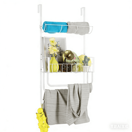 No-Drill Hanging Towel Rack for Bathroom - Over The Door Organizer with Storage Basket & Hooks, White