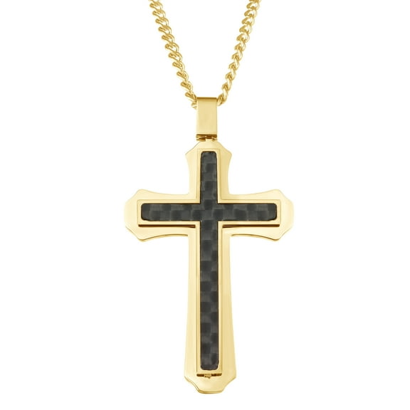 Mens Carbon Fiber Gold Plated Stainless Steel Cross Pendant