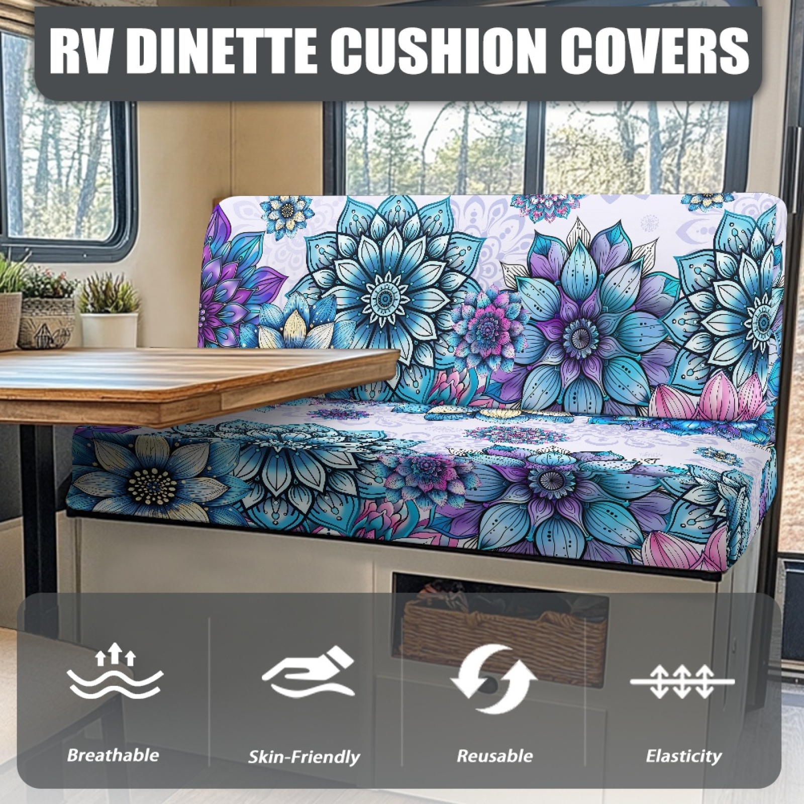 FORUDESIGNS Boho Mandala Flower Print RV Dinette Cushion Covers Wear-Resistan Camper Seat Covers Dinette Booth Stretch RV Couch Cover Include 1 Backrest Covers and 1 Bench Covers