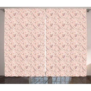 Ambesonne Cherry Blossom Curtains 2 Panel Set, Romantic Trees, 108" x 96", Peach Pink Yellow
